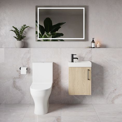 Napoli Cube Light Oak 400mm Single Door Wall Mounted Vanity Unit and Jubilee Toilet Suite with Align Basin - 400mm - Matt Black 160mm Handle
