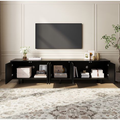 Mobile TV 180x38x45 cm nero in MDF con 5 ante, passacavi e piedi in metallo (1/5)