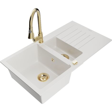 Mexen Matias fregadero de granito de 1,5 cubetas con escurridor y grifo de cocina Elia, blanco - 6502-20-670101-50 (1/5)