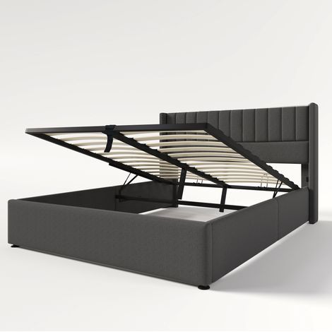 Cama con canapé abatible hidráulico 140x200 cm de lino gris MODENUIT (1/5)