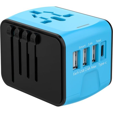 All-in-One-Reiseadapter mit USB-C- und 3 USB-A-Universalsteckern in matter Optik für Großbritannien, USA, Kanada und Italien (1/4)