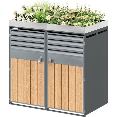 Cubrecontenedores 132 x 80 x 124,5 cm de acero galvanizado gris efecto madera, con jardinera