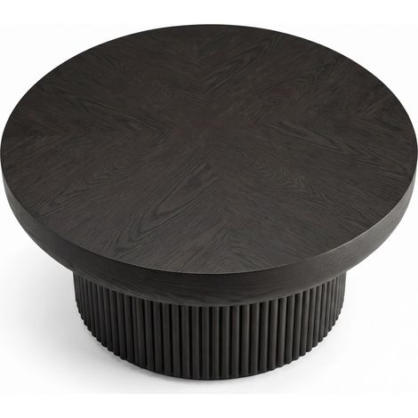 Table basse ronde flûtée 78 cm avec plateau effet parquet en bois foncé, base cylindrique rainurée et plateau épais, style mid-century pour salon compact CHICFURN (1/5)