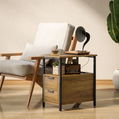 Table de chevet en bois naturel avec 2 ports USB, 1 prise USB-C, câble 143 cm, tiroir et étagère, meuble d'appoint (1/5)