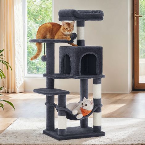 Tour de Jeux pour Chats 112 cm, 4 Poteaux à Griffer, 2 Pompons, 1 Hamac, 2 Plateformes, 1 Niche, Gris Fumé (1/5)