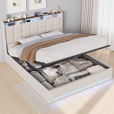 Bettgestell - 140x190 cm - Beige Leinenstoff - Lattenrost inklusive - LED Kopfteil mit USB/Type-C