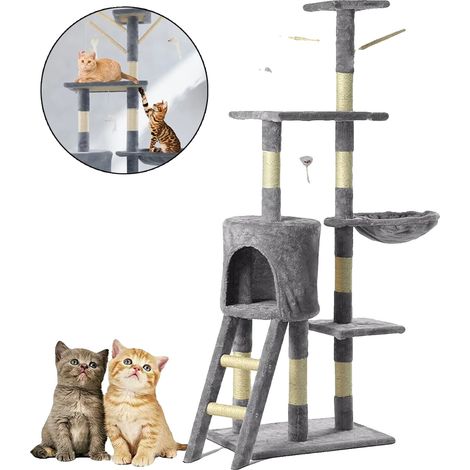 Rascador para gatos, 143 cm de altura, cinco niveles, construcción de sisal y madera, diseño estable, múltiples plataformas para trepar. (1/5)