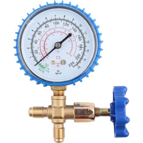 Manomètre de recharge de réfrigérant pour climatisation, compatible avec les fluides frigorigènes R410A, R22, R134A et R404A.