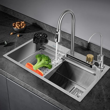Lavello acciaio inox con cascata 75x35cm, lavello cucina multifunzionale (1/5)