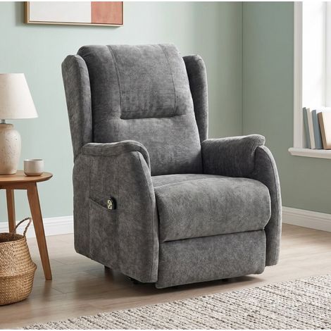 Sillón relax eléctrico elevable de doble motor con mando a distancia, tapizado en chenilla gris oscuro, estructura de madera 77x58x49 cm (1/5)