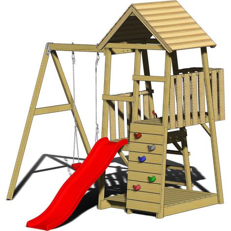 Wendi Toys Kinderspielhaus, Kletterturm "Panda" mit Rutsche, Kletterwand und Schaukel, holz / rot (1/5)