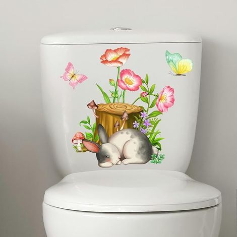 30 x 25 cm, 2 piezas, flor, mariposa, conejo, pegatinas autoadhesivas para tapa de inodoro, divertidas, pegatinas impermeables de PVC para asiento de inodoro, pegatinas de pared (1/4)