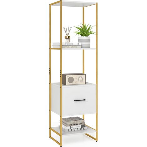 COSTWAY Libreria a 5 Ripiani con Cassetto, Scaffale di Stoccaggio con Struttura in Metallo e Kit Antiribaltamento, Unità Espositiva Autoportante per Camera da Letto Soggiorno, 45x35x160 cm (Bianco)