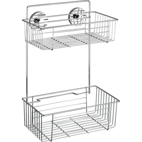 WENKO Mensola da muro per bagno senza foratura Bari, 2 cestelli per doccia, fissaggio senza foratura Vacuum-Loc®, riposizionabile senza lasciare tracce, in acciaio, 26x38x17 cm, cromata. (1/5)