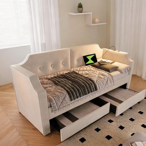 Cadre de lit beige en velours 217 x 99 x 76 cm (1/5)