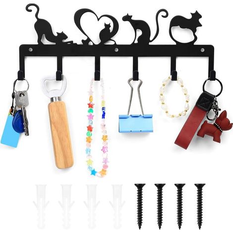 Porte Clef Mural, Porte Clé Mural, Accroche Clef Mural avec 6 Crochets, Accroche Clé Noir, Support Porte a Clefs Murale pour Décoration de Salle de Bain Entrée Cuisine Bureau (Chat Mignon) (1/5)