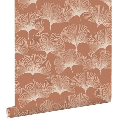 Papier peint à motif feuilles de ginkgo terracotta – Dimensions 53 cm x 10,05 m – Intissé écologique facile à poser – Raccord sauté – Estahome (1/5)