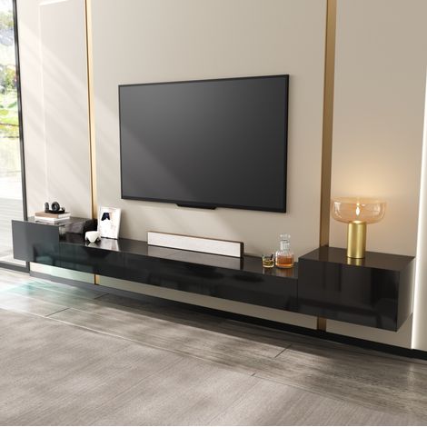 Mobile TV sospeso 245x30x26 cm con LED multicolore, 5 ante, passacavi, contenitore chiuso MDF lucido - nero (1/5)