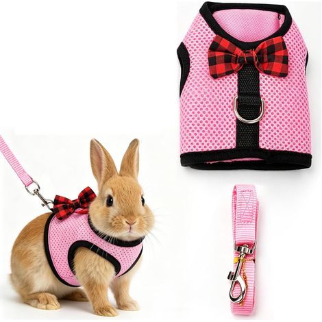 Harnais Pour Lapin Avec Nœud Rose Et Laisse, Harnais Lapin Doux Avec Laisse, Harnais Pour Lapin Avec Laisse Pour Petits Animaux, Accessoire (1/5)