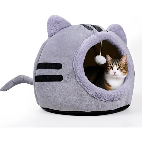 Lit pour chat domestique, forme de chat, 40 x 40 x 32 cm, grotte pour chat, gris foncé, lit pliable avec coussins lavables, tente pour chatons de petite et moyenne taille (1/5)