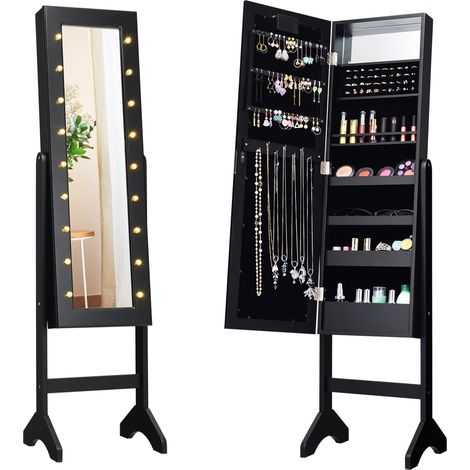 Armadio portagioie con 18 luci LED, Organizer per tutti i tipi di gioielli con specchio a figura intera, Nero (1/3)