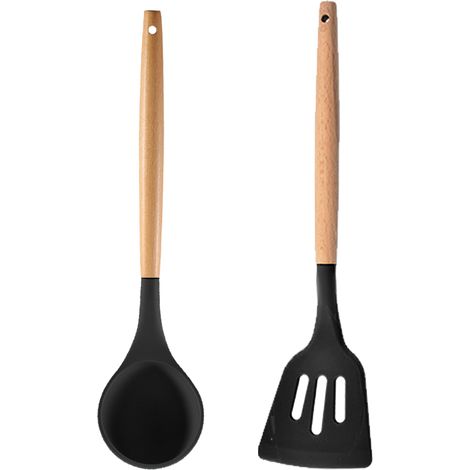 Ensemble Ustensiles Cuisine Bois Et Silicone - Resistance Haute Temperature - Pour Casseroles Antiadhesives - Lot De 6 Pieces (1/5)