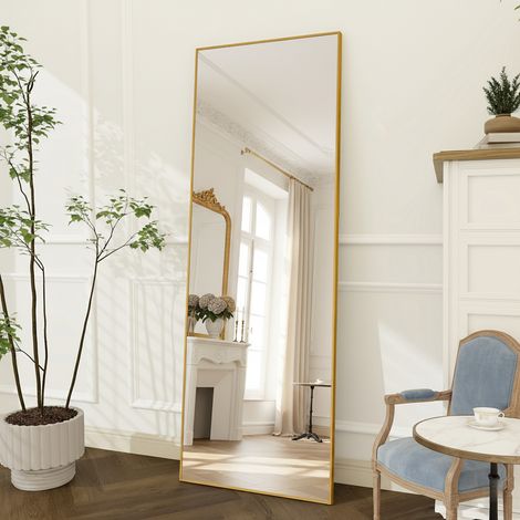 Miroir sur pied, Verre sécurité définition avec film incassable, l.63 x H.173 cm, cadre métal, peut être suspendu, miroir sur pied rectangulaire, Doré (1/5)
