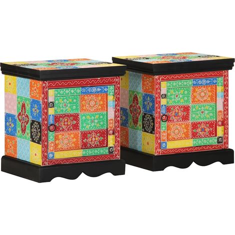 Mesilla de noche 2 uds-Mesita de noche-Mesapara Dormitorio Multicolor 40x35x45cm Madera maciza Mango