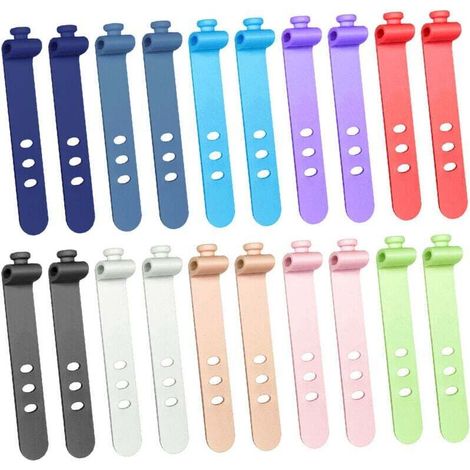 Lot de 20 attaches de câble en silicone, six couleurs, pour organiser et fixer les câbles de données.
