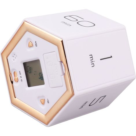 Minuteur hexagonal à bascule avec fonction silencieuse, minuteur magnétique cubique avec écran LCD pour la cuisine, les études et le travail (blanc). (1/5)