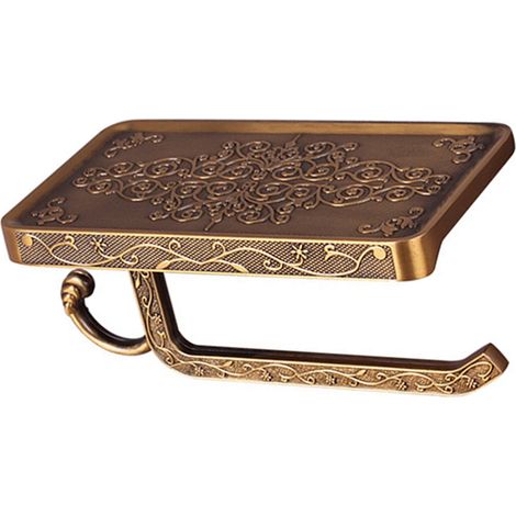 Porte-rouleau de papier toilette noir avec étagère de rangement pour téléphone en aluminium, porte-essuie-tout vintage pour salle de bain, doré (1/5)