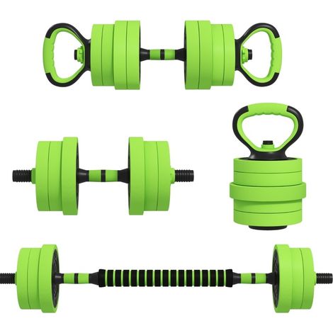 Set d'haltères 4-en-1 20 kg réglable, haltère long, haltères courts, kettlebell et poignées de pompes, vert, pour entraînement complet - CHICFURN (1/5)