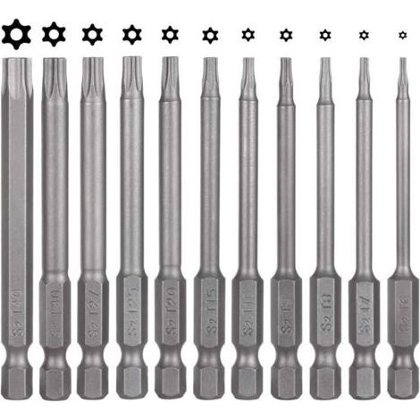 Lot de 11 embouts de tournevis Torx - 75 mm - En acier S2 - Magnétique - 6 pans - T6 T7 T8 T9 T10 T15 T20 T25 T27 T30 T40 - Embouts Torx électriques pour vis profilées en T (1/4)