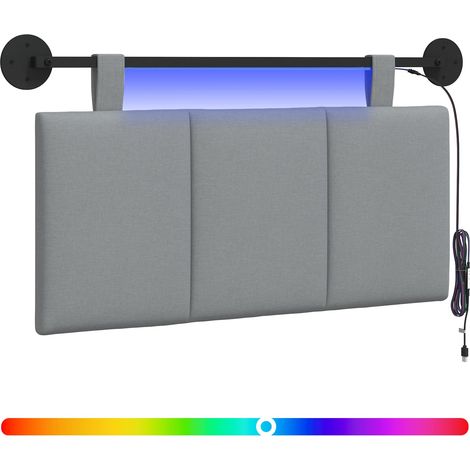 Hanging Headboard with LED Light Light Grey Fabric vidaXL