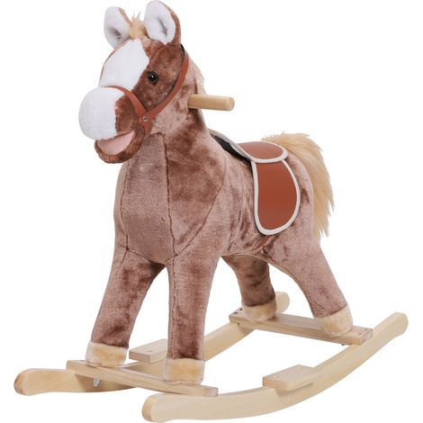 Cheval à bascule pour enfants de 3 ans et plus, avec poignées, structure en métal et socle en bois, charge maximale 40 kg, 74 x 33 x 62 cm, marron (1/5)