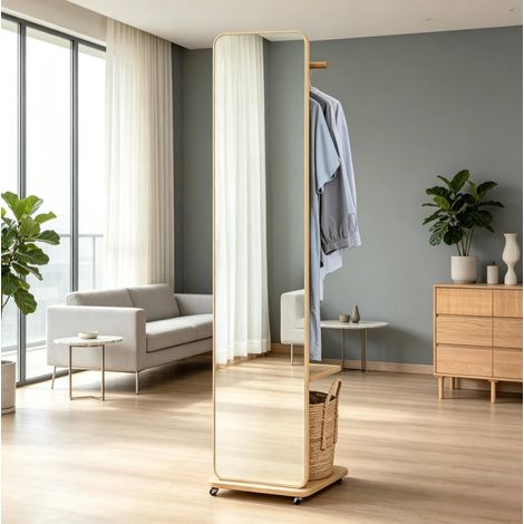 Specchio da terra 40x44.5x170 cm, con appendiabiti, 4 ganci e ripiano, MDF, legno chiaro (1/5)