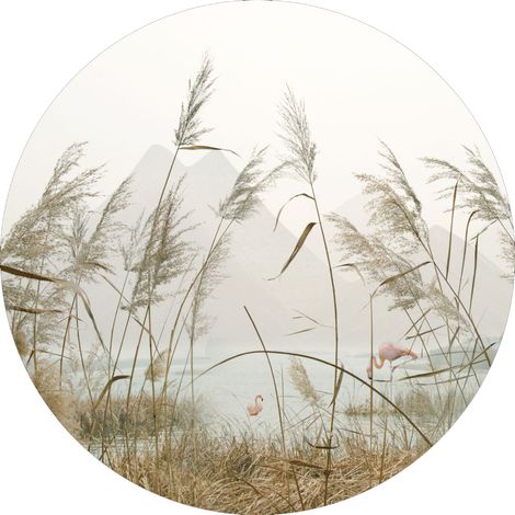 papier peint panoramique rond adhésif paysage tropical avec des flamants roses beige, rose et gris - Sanders & Sanders (1/4)