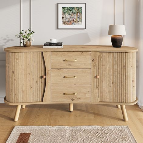 Meuble Buffet Scandinave 150x36.5x75 cm - Bahut Courbé Couleur Naturelle avec Portes Coulissantes et Tiroirs - Étagères Réglables et Pieds en Bois Massif