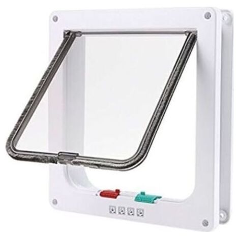 Chatière pour porte 4 positions, verrouillable, adaptée pour chat ou chien de grande taille, blanc, dimensions 23 x 25 x 5,5 cm, facile à installer