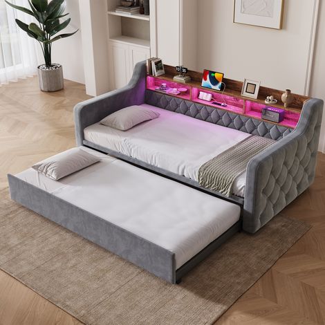 Lit canapé 90x190 cm avec lit gigogne velours gris foncé LED USB (1/5)