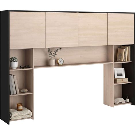 Cabecero Puente para Cama de Dormitorio Danilo 218 cm - Cabezal 4 Puertas, Estantes Abiertos, Roble y Negro (1/5)