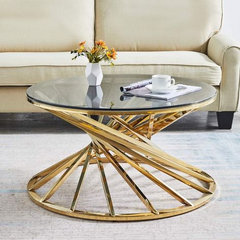 AINPECCA 80CM Round Sofa Side Table With Tempered Glass Gold Stainless Steel Frame (1/5)