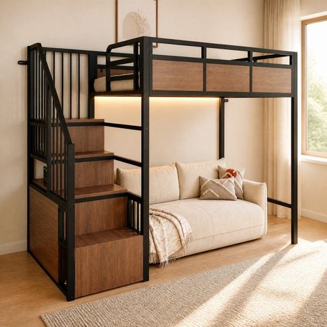 Hochbett 90x200 cm aus Metall und Holz, Schwarz, mit LED, platzsparend, ohne Matratze (1/5)