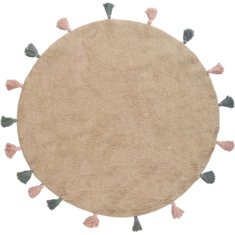 Kids Rug Beige Cotton 120 cm Machine-Washable with Colourful Tassels Round Kids Room KODINHI (1/5)