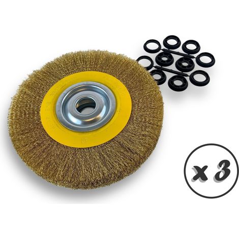 Lot de 3 brosses circulaires LAITON Ø 250 mm Epaisseur 3 rangs Fil dur 0.30 mm ondulé Alésage 32 mm + réducteur bague 25/22/20/16/12 mm Touret affûteuse ponceuse Kibros 231253LTx3