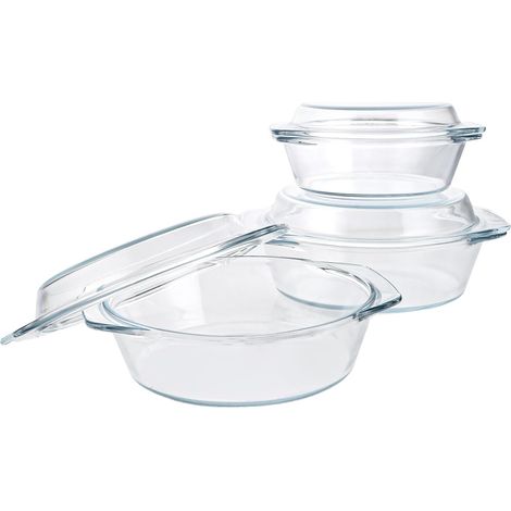 Lot de 3 Plats à Four en Verre avec Couvercle - 650/1000/1400ml - Cocotte Ronde en Verre Résistant à la Chaleur pour Micro-ondes, Four et Réfrigérateur - Plat de Cuisson Transparent avec Poigné (1/5)