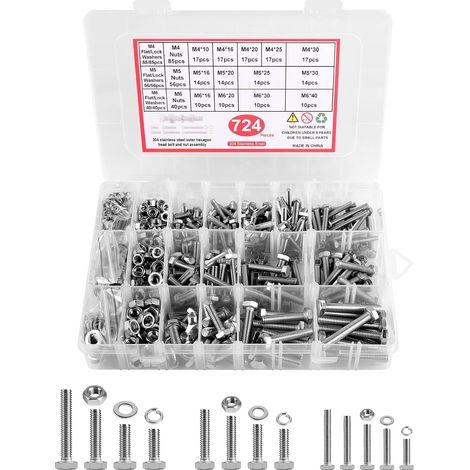 724 Pcs M4 M5 M6 Boulons et écrous Rondelles Assortiment Kit, 304 Inox Élastique Vis à Tête Hexagonale, Coffrets Boulons et écrous pour accessoires de fixation, bricolage (1/5)