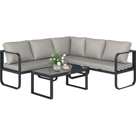 Conjunto de jardín de 3 piezas que incluye un sofá cama de 3 plazas, un sofá de 2 plazas y una mesa auxiliar, en color gris y negro.