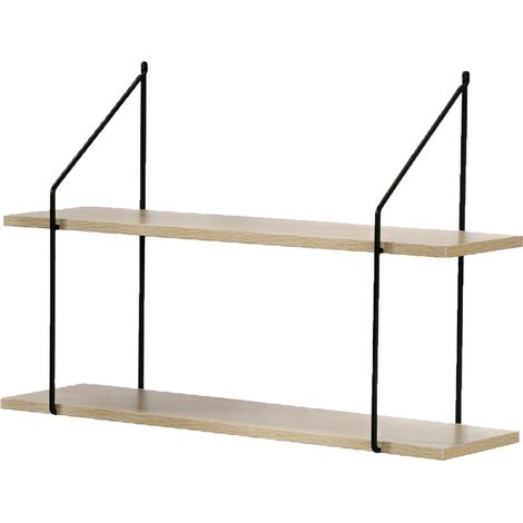Calicosy – Étagère murale 2 niveaux décor bois 60 cm – Supports métal noir – Installation facile – Pour salon, chambre, couloir (1/5)