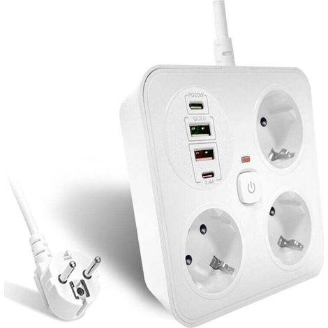 Power Strip 3 Sockets 2 USB-A 2 USB-C Adapter Cable 2m Office White House (1/4)